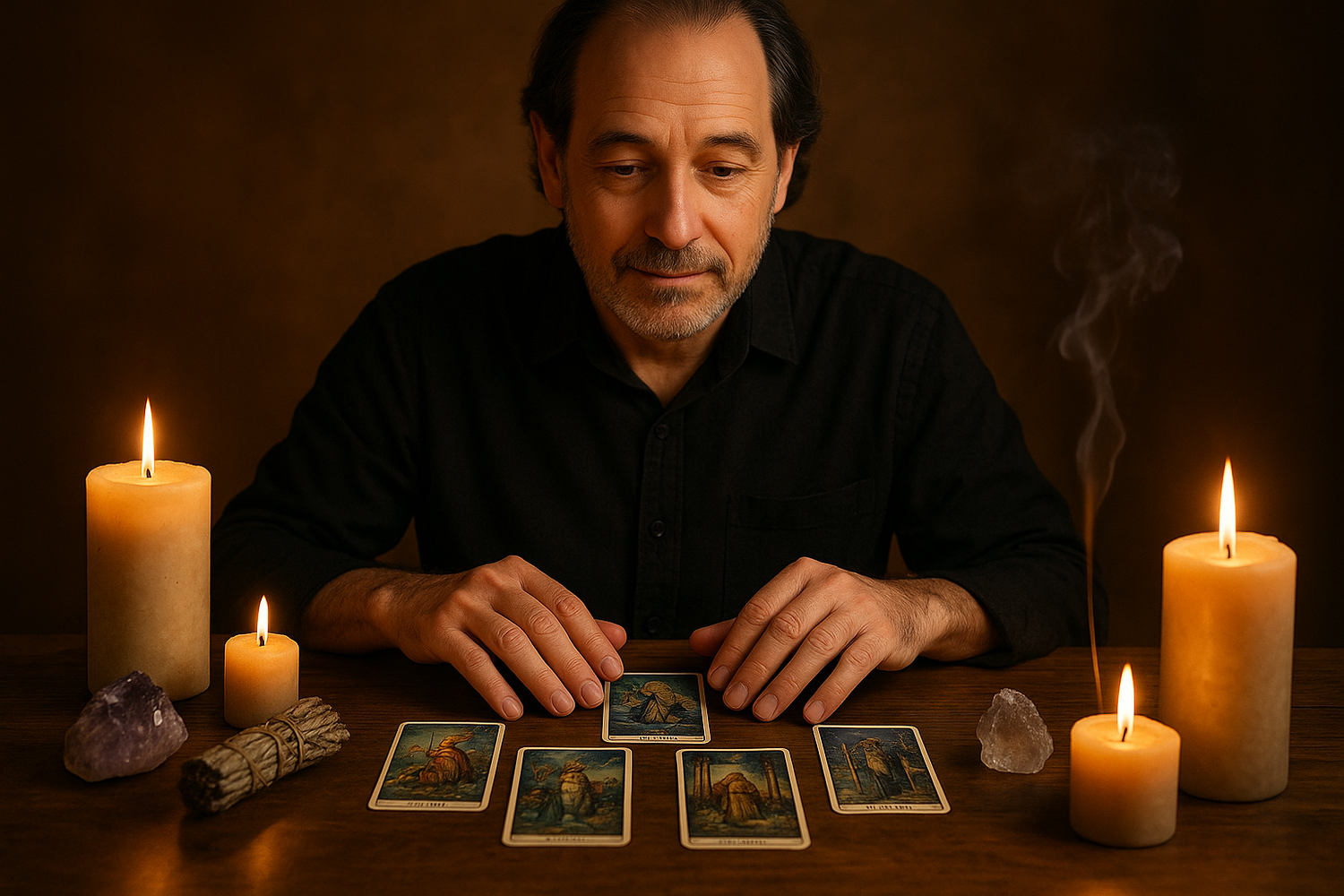 aide moi avec une photo images pour ma page session Mes services spirituels,  un homme avec les cartes de voyance et avec les chose de la spiritualité .... SOIT réaliste stp